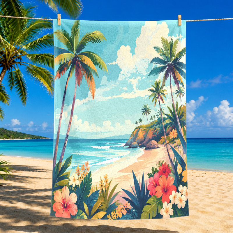 1 serviette de plage tropicale 1PCS, motif floral éclatant, microfibre, parfaite pour les vacances d'été, la natation et les voyages, avec des palmiers dans un paysage océanique
