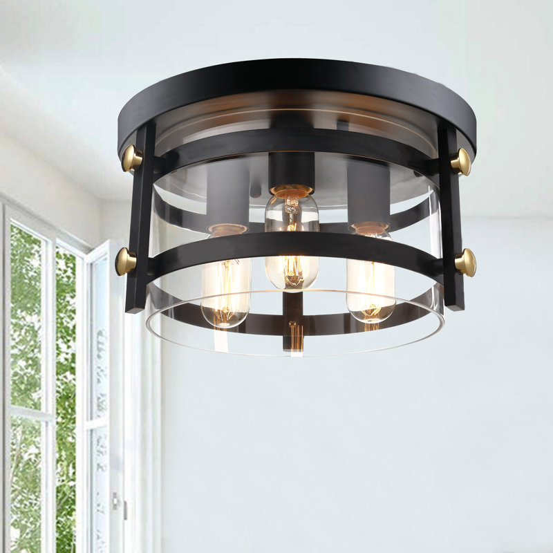 Bursa 3-Light 13'' Metal and Clear Glass Drum Flush Mount