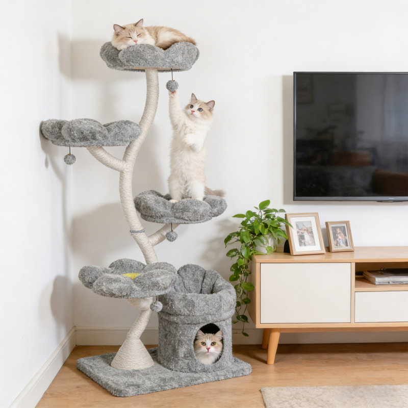 Tour pour arbre à chat avec lit pour chat et cachette, arbre à chat à 4 couches avec poteau à griffes, housses amovibles et lavables