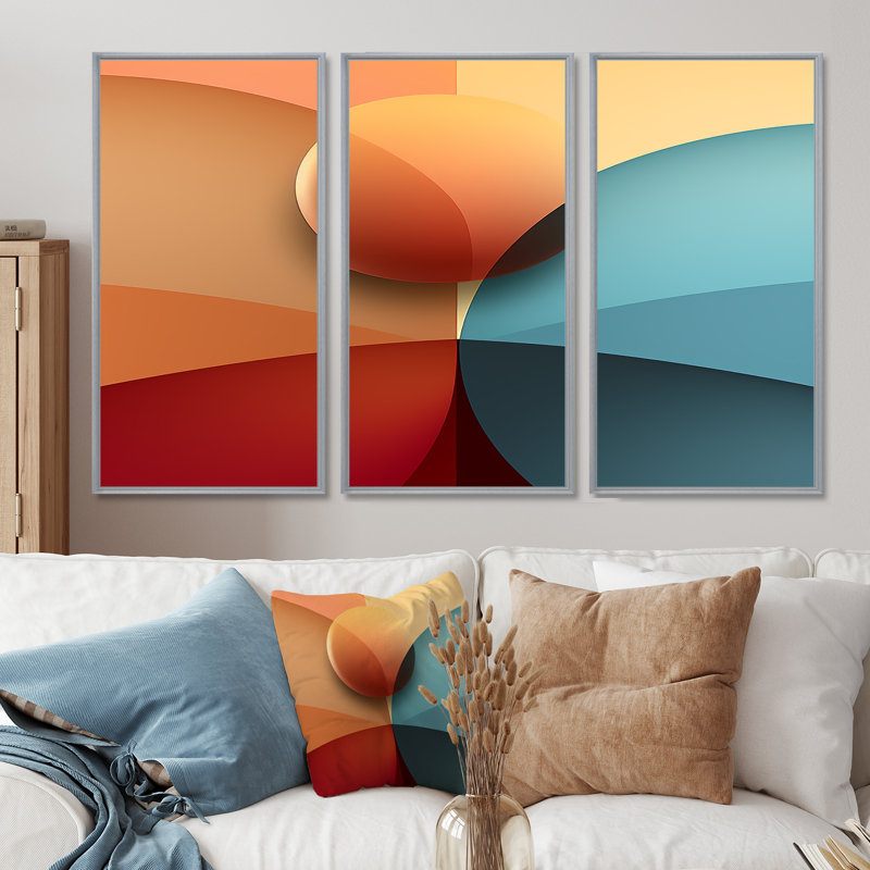 Minimalisme Mid Century Circular - ensemble de reproductions d'art géométriques murales, Encadrement argenté