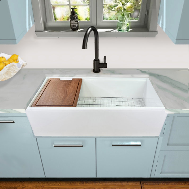 36" L x 19" W Farmhouse/Apron Kitchen Sink with Basket Strainer, Cutting Board, Drain Asembly and Sink Grid, White