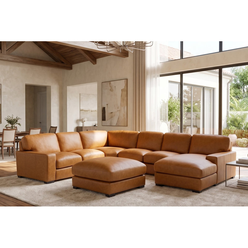 Antanisha Leather U-Shaped Sectional, Caramel Tan Genuine Leather