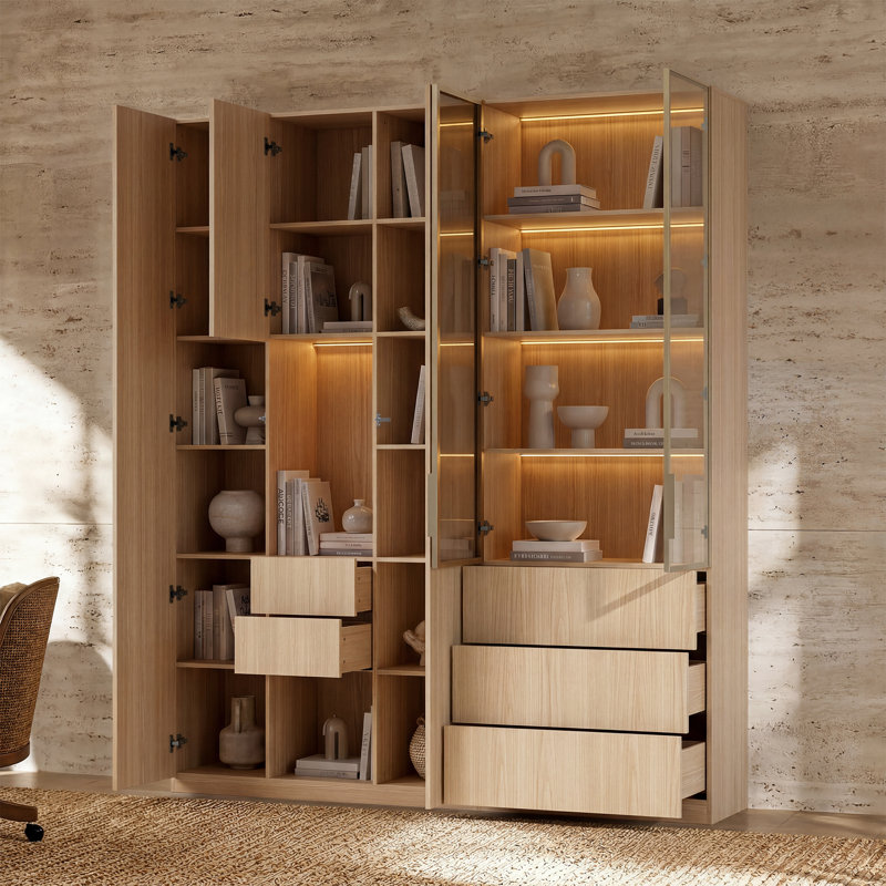 Bibliothèque 92,5 po H deux pièces avec éclairage DEL, Beige