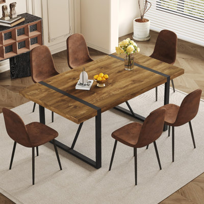Ensemble de table de salle à manger pour 6 personnes, ensemble de table de salle à manger moderne en bois foncé de 71 po et 6 chaises en tissu, idéal pour la salle à manger de cuisine.