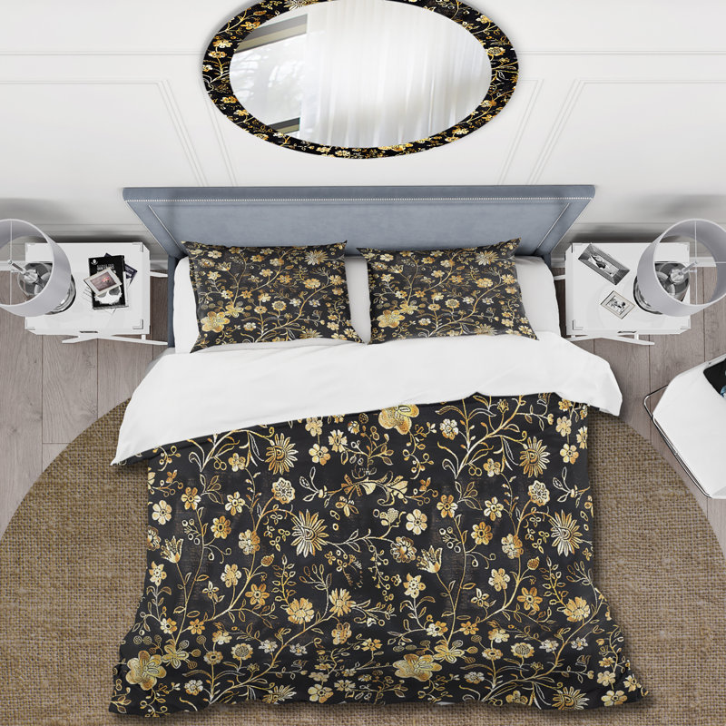 Ensemble de housse de couette damassé dorée délicate II, Housse de couette simple + 2 taies décoratives st
