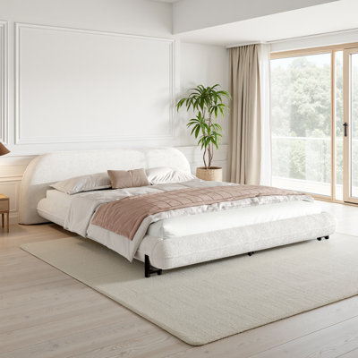 Bed Frame With Boucle Fabric, Upholstered Platform Bed With Curve-Shaped Design & Thick Headboard by Latitude Run