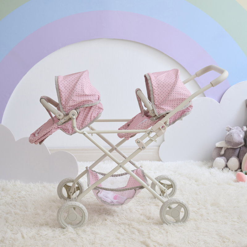 Teamson Kids Polka Dot Princess Baby Doll Twin Bassinet Stroller with Retractable Canopy & Storage