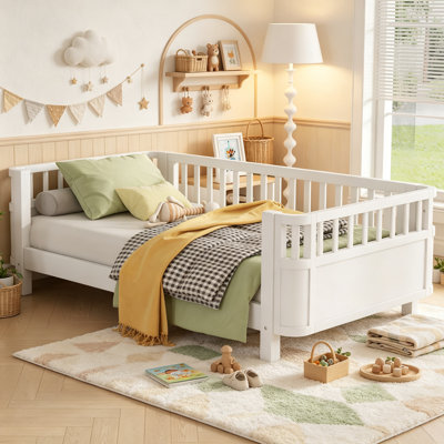 Lit convertible en bois avec barrière de sécurité amovible, lit plateforme bas pour sommeil transitionnel pour enfants, taille simple, blanc