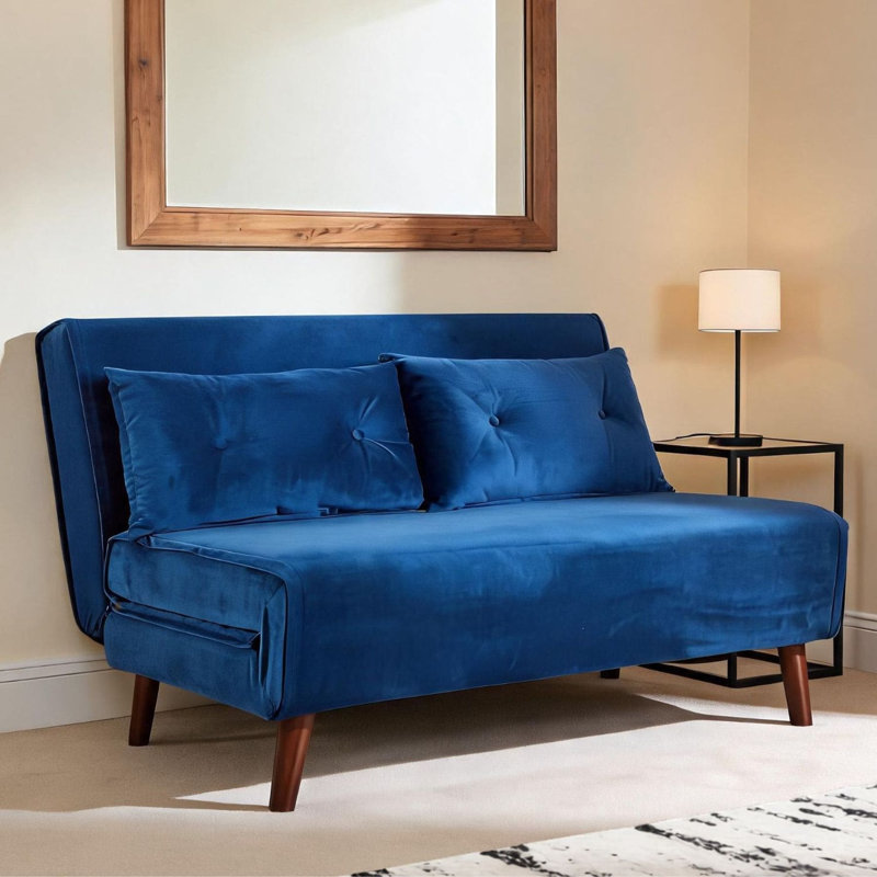 Lonara Two Seater Upholstered Double Sofa Bed, Blue Velvet