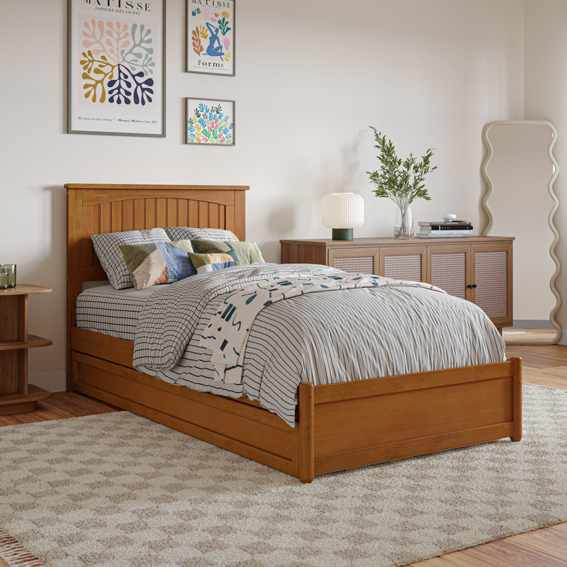 Darlean Solid Wood Trundle Platform Bed with Footboard & Roll Out Trundle, Light Toffee, Twin XL