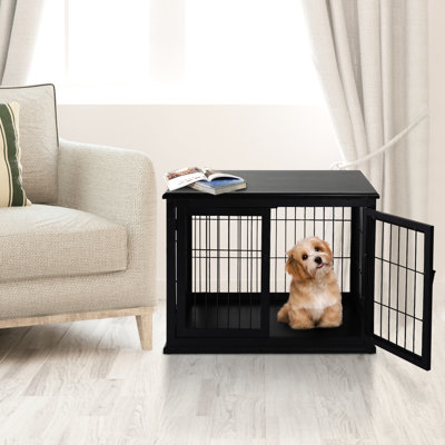 Black Small Dog Crate End Table, Contemporary, Two Opening Sides, Lockable Door For Indoor Puppy Kennel Robust Kennel,