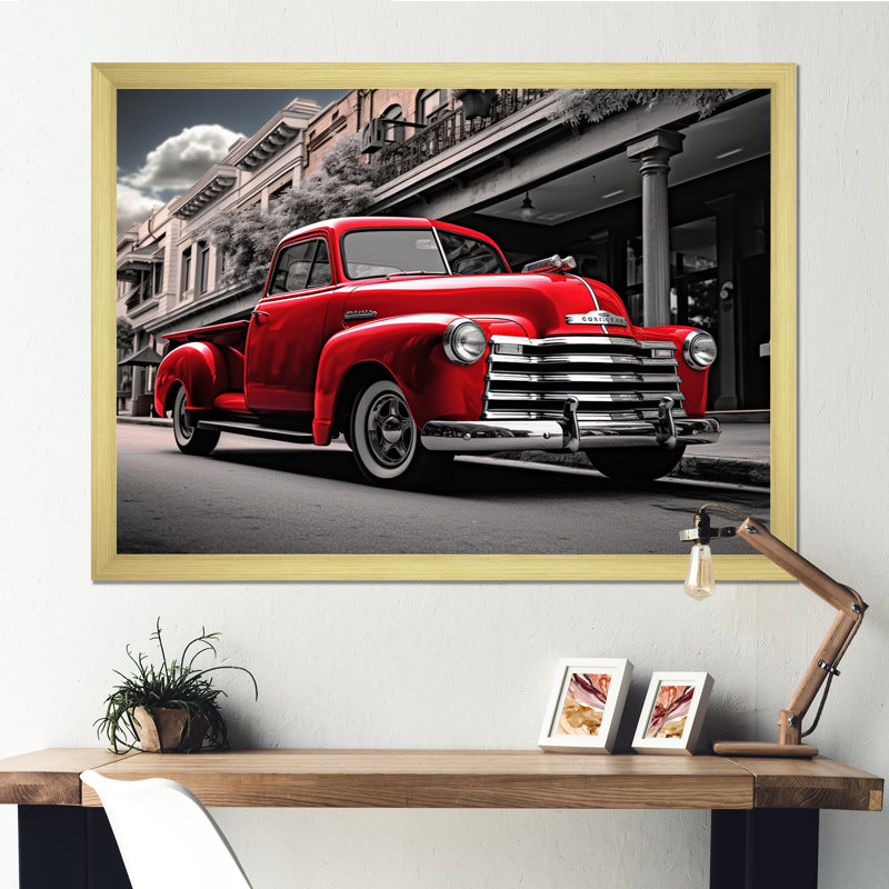 Red Pickup Truck Road Legends II - Transportation Wall Decor, H 16 po x l 32 po x P 1 po, Cadre doré à une seule photo