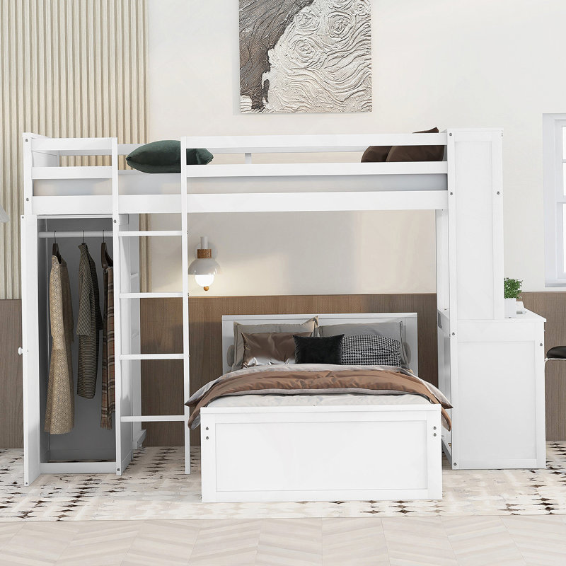 Lit mezzanine Keavion avec lit simple, tablettes, bureau et garde-robe, Double, Gris