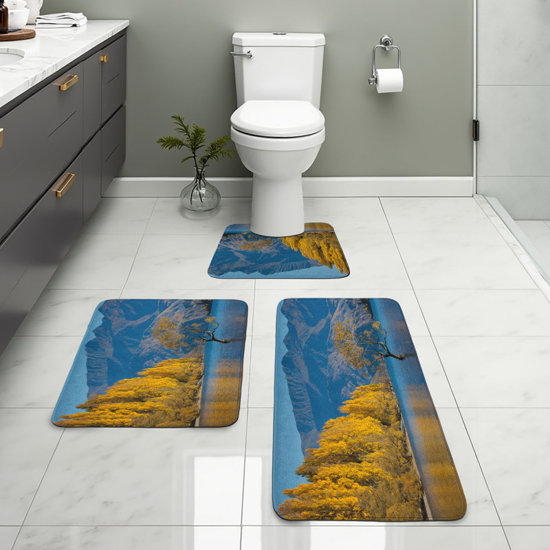  Nature Bathroom Rug Set 3 Pieces U-Shape & Rectangle Mats Earth Yellow Pale Blue