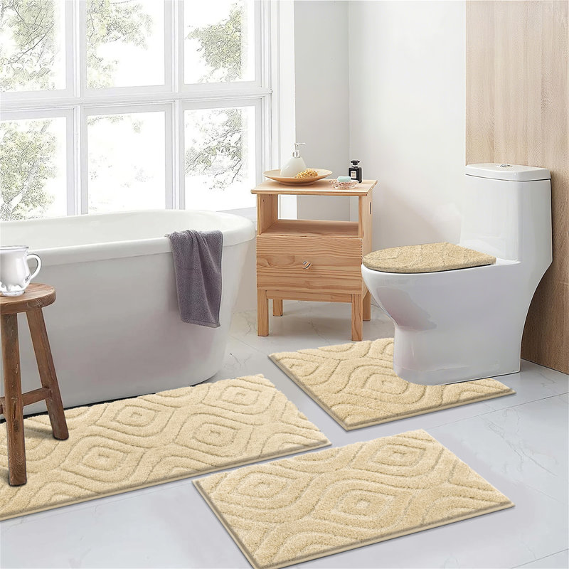 4 Piece Soft Absorbent Microfiber Bath Rug Set With Non-Slip Backing, Beige