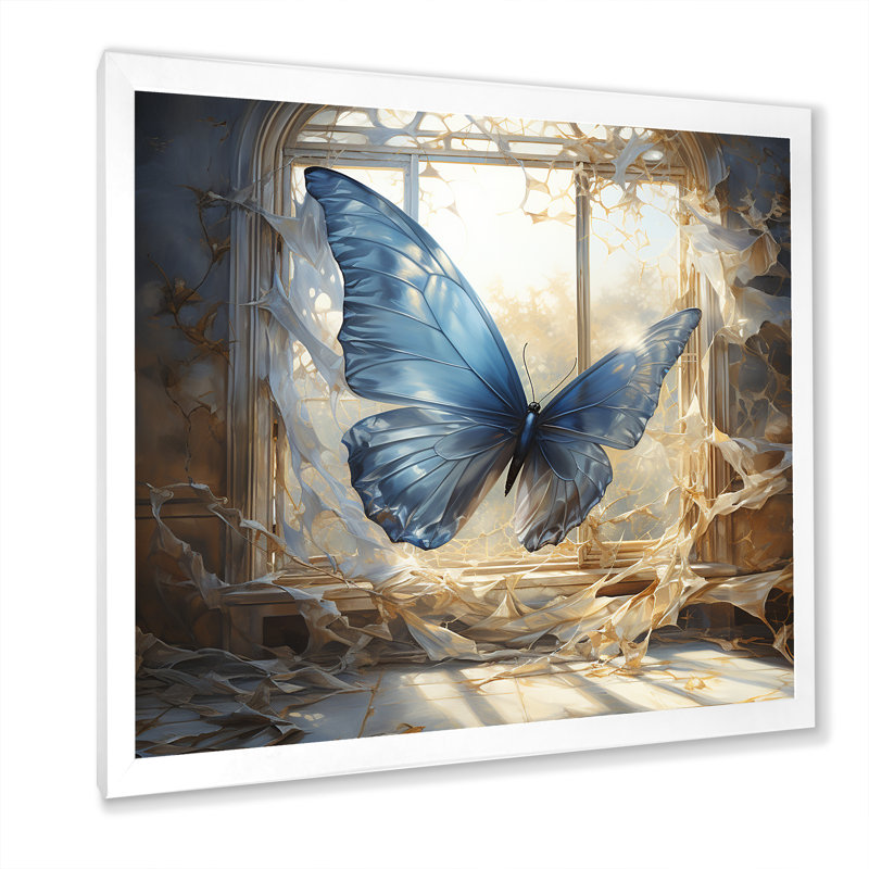 «Cottage Blue Butterfly Escape», art mural papillon, Cadre simple blanc, H 36 po x l 36 po x P 1,5 po