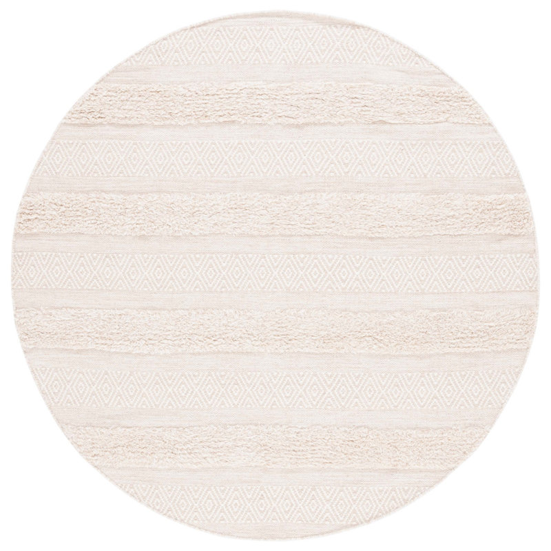 Sandisfield Handwoven Ivory/Beige Striped Wool Area Rug, Round 6'