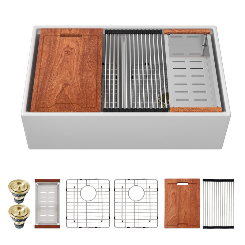 Évier de cuisine à double cuve en céramique 33 po x l 20 po avec tablier Framhouse / tablier avec accessoires, Doré