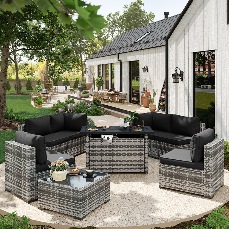 Caradog Wicker 6 - Person Patio Conversation Sets with Cushions, Coffee Table and 44" Fire Pit Table, Gray Cushion/Gray Frame
