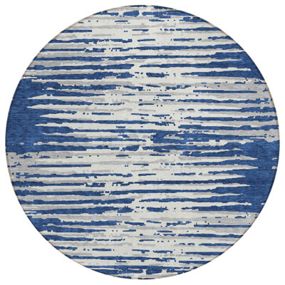 8' Navy Blue Round Striped Washable Indoor Outdoor Area Rug