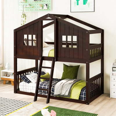 Twin Over Twin House Bunk Bed With Ladder, Wood Bed-Espresso
