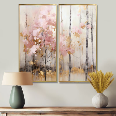 Minimalisme rose et forêt dorée - impressions sur toile beiges 2 panneaux