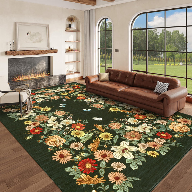 Rugs for Living Room, Washable Floral Area Rug Non Slip Soft, Low Pile Ultra-Thin Carpet for Entryway, Kitchen, Bedroom, Dark Green