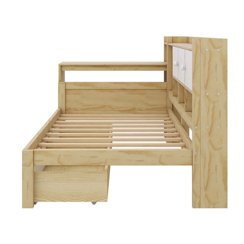 Lit de jour en L en bois avec sept armoires de rangement et deux tiroirs de rangement, lit multifonctionnel avec bureau d'étude