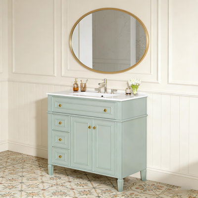 Meuble-lavabo de 36 po avec lavabo, armoire en bois massif vert, tiroir rabattable, 3 tiroirs, 2 portes à fermeture en douceur, poignées dorées, design moderne