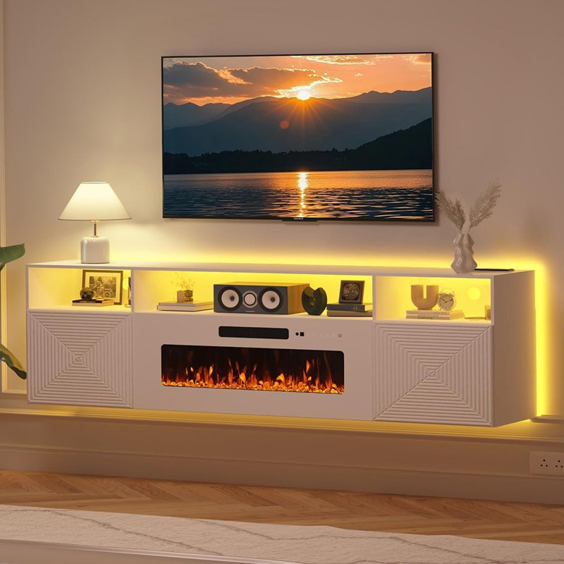 Meuble télé flottant, foyer électrique blanc de 36 po avec prises de courant, centre de divertissement mural de 70 po avec rangement pour téléviseur de 80 po ou moins