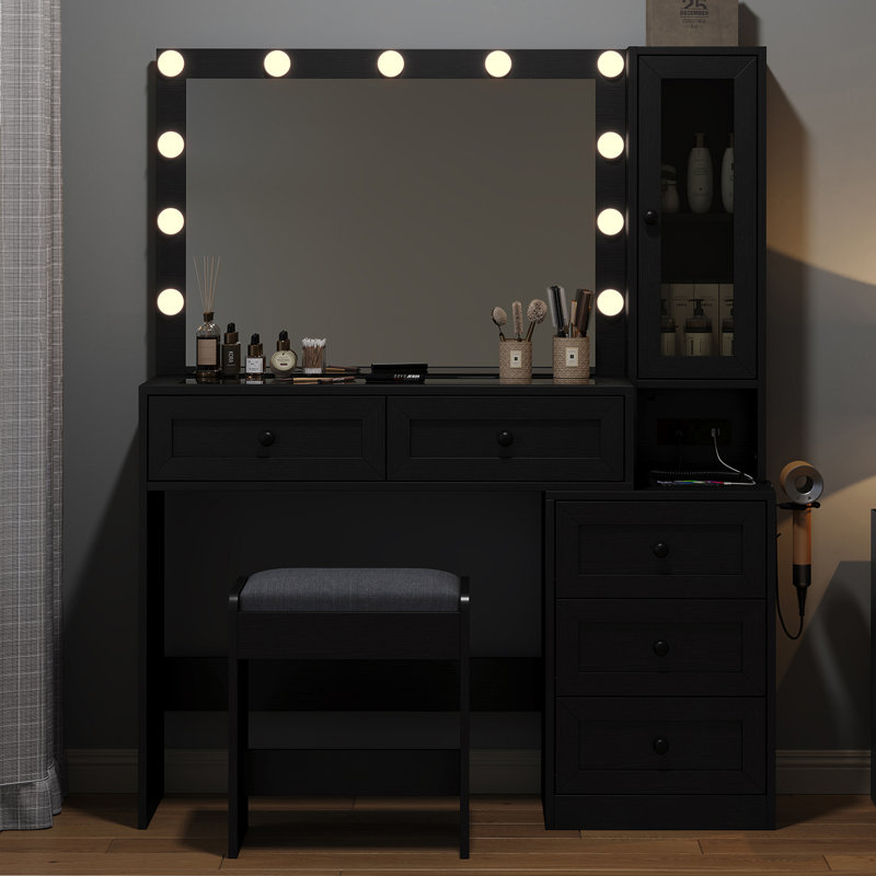 43" W Vanity Desk with Mirror & 11 Lights, 5 Drawer Modern Makeup Desk with Glass top & Cushioned Stool, 3 Lighting Modes Brightness Adjustable,Power Outlet,Bedroom