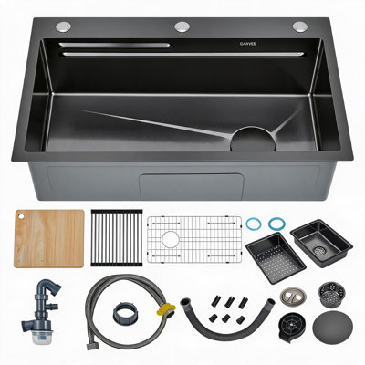 Évier de cuisine encastré en PVC 30 po, cuve simple de calibre 16 de 9 po avec bonde à rainure en X et ensemble d'accessoires 7 pièces, panneau avec trous