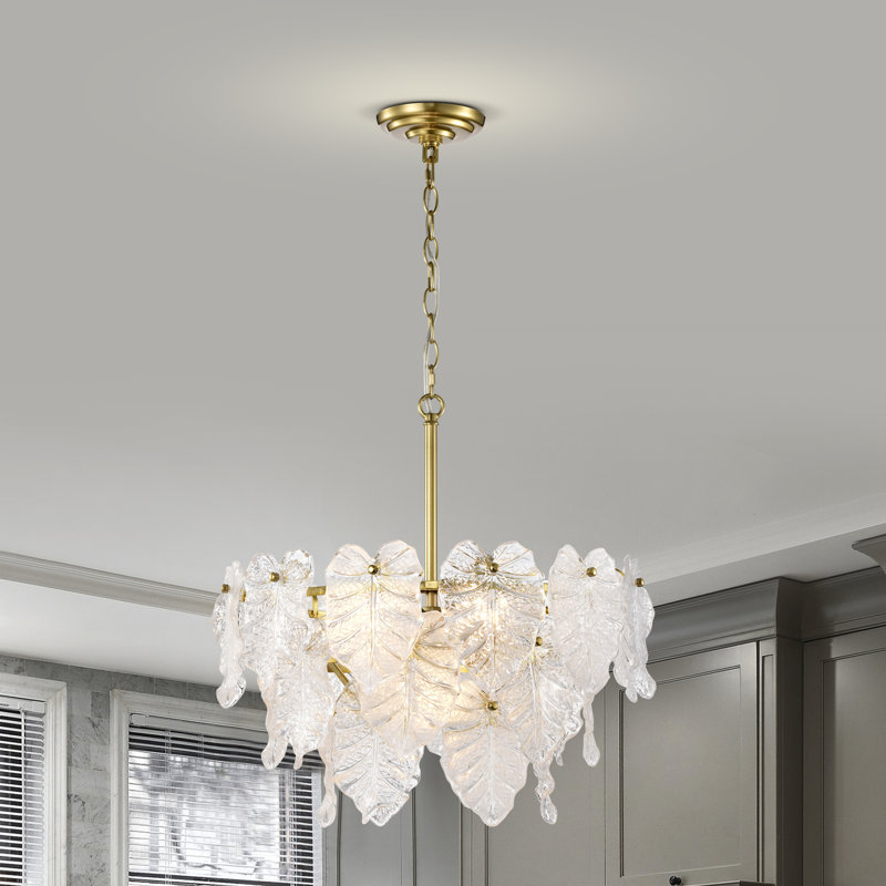 Isamary 7-light Brushed Shiny Brass Tiered Leaf-shaped Glass Chandelier