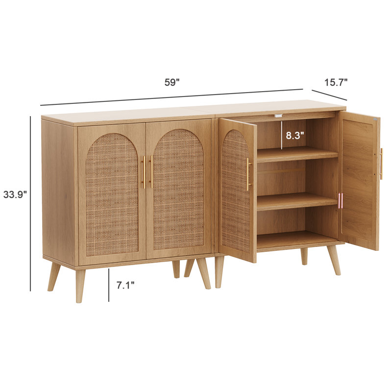 59"L Sideboard Buffet Cabinet with Inner Adjustable Shelf, Kitchen Storage Cabinet Set of 2 with Rattan Doors, Wooden Floor Cabinet for Dining Room, Living Room, Kitchen