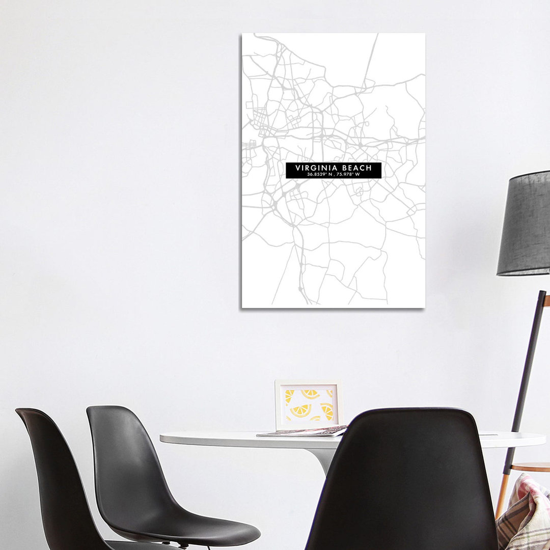 Virginia Beach Stadtplan Minimal Style von WallDecorAddict - Galerie-umwickelte Leinwand Giclée auf Leinwand