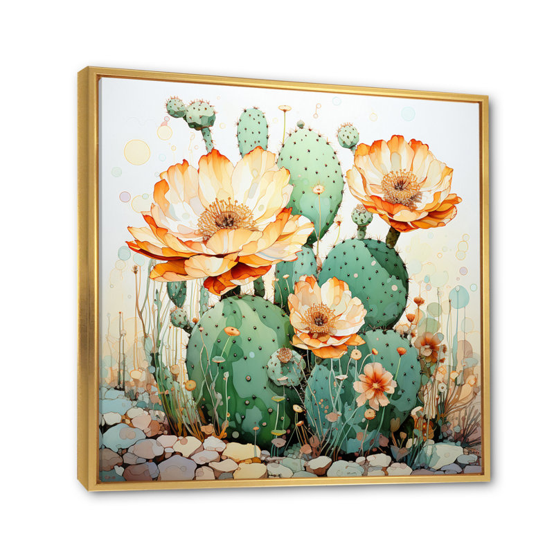 Corail vert cactus du désert pointillisme I, H 36 po x l 36 po x P 1,5 po, Cadre flottant doré