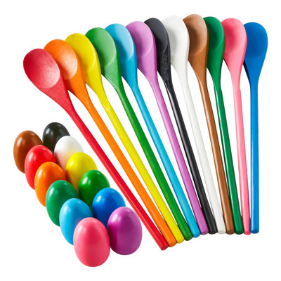Wooden Egg and Spoon Relay Race Game Set, 24 Pieces with 12 Coloured Eggs and 12 Spoons, Non-Toxic, US Toy Standard Certified