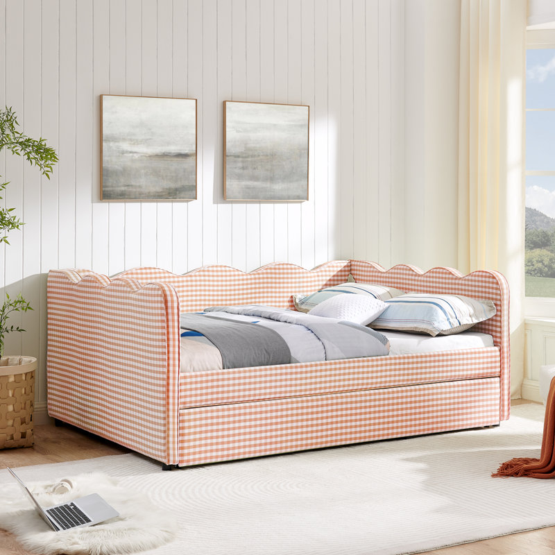 Helin Preppy Style Linen Upholstered Daybed with Trundle, USB Port & Wave-Shaped Back, Full, Pink