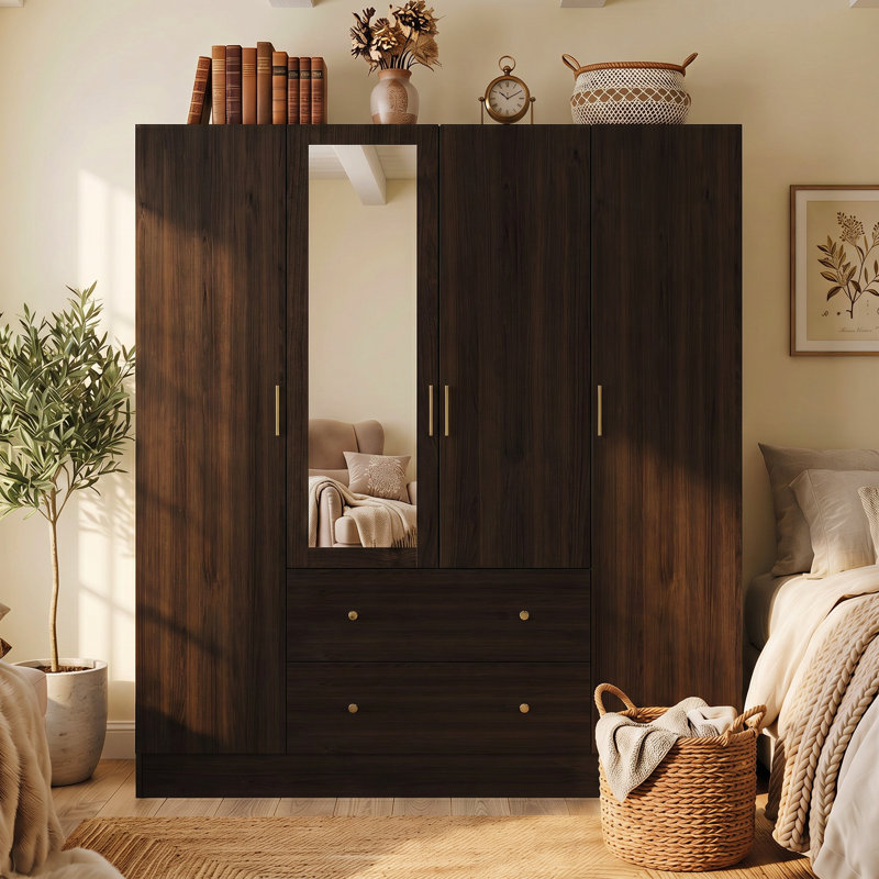 Armoire 4 portes 2 tiroirs avec panneau de miroir, Marron foncé