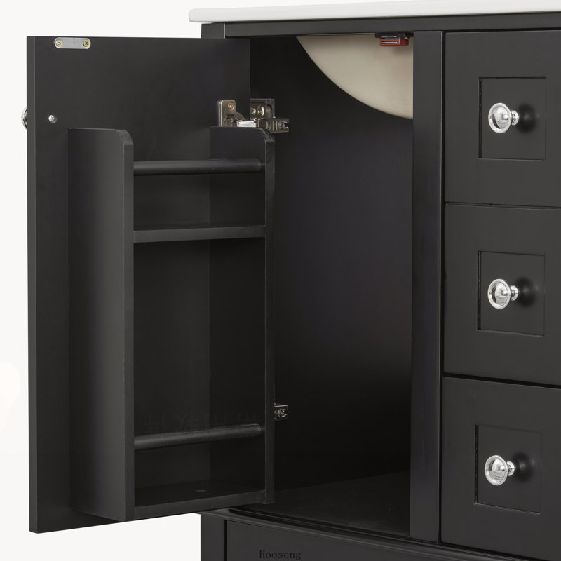 Meuble-lavabo noir 24 po avec lavabo intégré en céramique, tablette à double couche et tiroirs à fermeture en douceur
