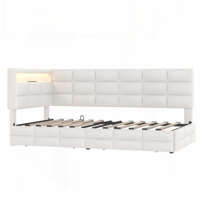 Storage 2 Drawers and Charging Station Upholstered aybed with LED Lights, Beige