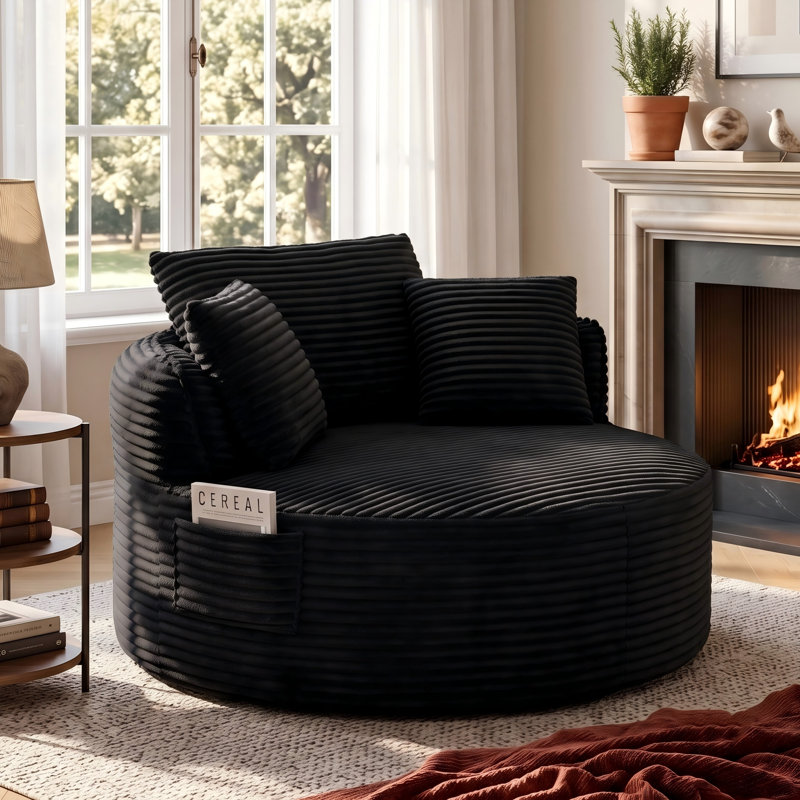 53.5" Oversized Round Chaise Lounge Chair Indoor, Comfy Corduroy Upholstered Boneless Couch with Pillow, No Assembly Required, Deep Seat Lounge Floor Compression Sofa Chair for Living Room, Apartment
