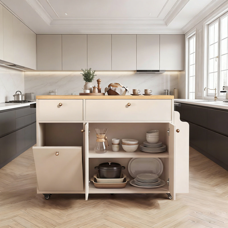 Chariot pour îlot de cuisine 48,8 po avec plateau rabattable en faux marbre noir, étagère à épices et rangement caché, Blanc