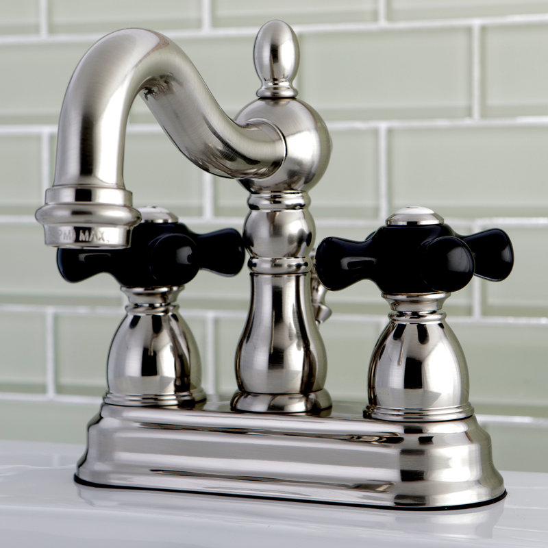Kingston Brass Duchess Two-Handle 3-Hole Deck Mount 4" Centerset Bathroom Faucet with Plastic Pop-Up, Brushed Nickel