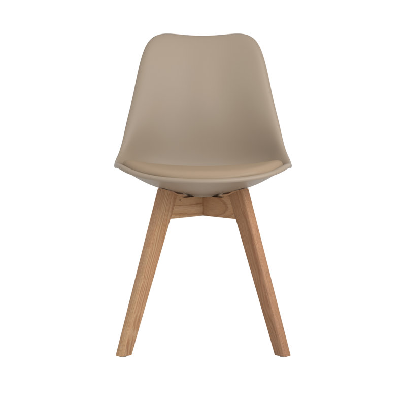 Tan Upholstered Transitional Side Chair with Oak Legs