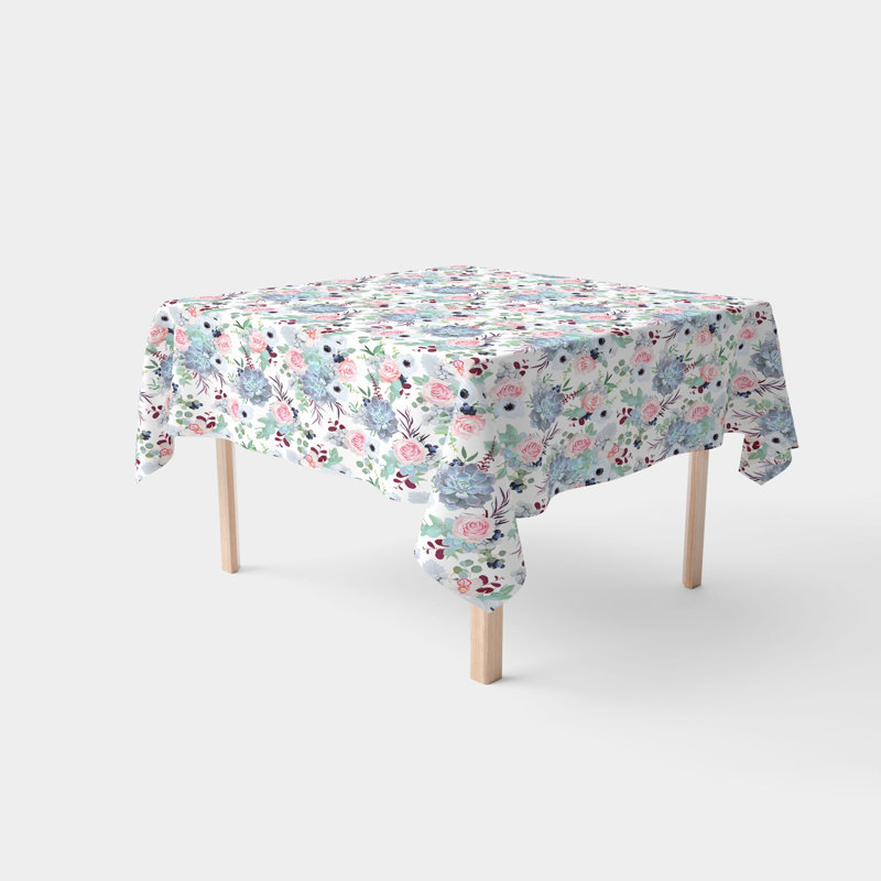 Square Tablecloth, 100% Cotton, 52X52", Pink Roses & Succulents
