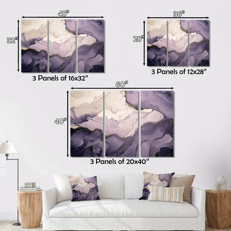 Mauve et gris, nuages d'encre marbrés - impression sur toile tendue 3 pièces, H 28 po x l 36 po x P 1 po