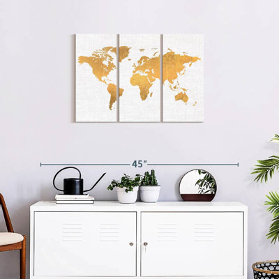 «World Map Light Gold World Map», reproduction sur toile 3 pièces par Enchanté Designs