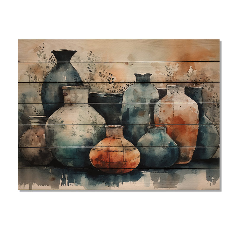 «Goodwater Blue and Orange Artisanal Boho Pottery II», reproduction sur bois, H 10 po x l 20 po x P 0,78 po
