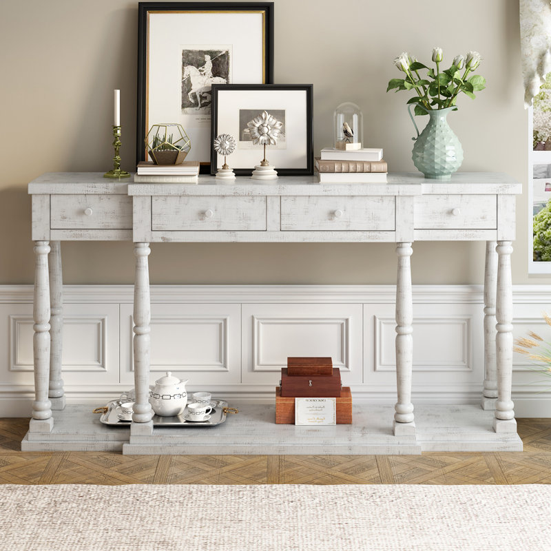 Console, table d'entrée, table de couloir avec 4 tiroirs de rangement en façade et 1 tablette Craman 63,03, Blanc antique